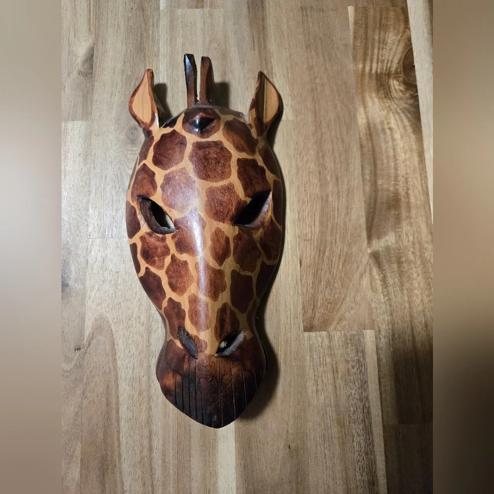 Vintage Hand Carved Wood Giraffe Mask From Kenya